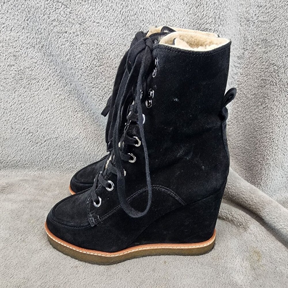 Veronica Beard Shoes Womens Size 7 Black Leather Shearling Lace Up Wedge Boots